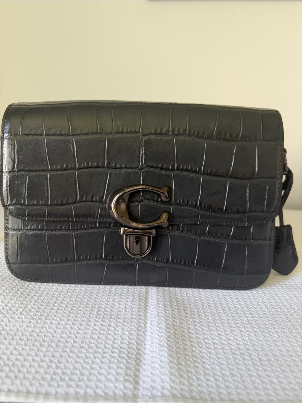 Coach Black Croc-Embossed Shoulder Bag with Gunmetal 'C' Closure